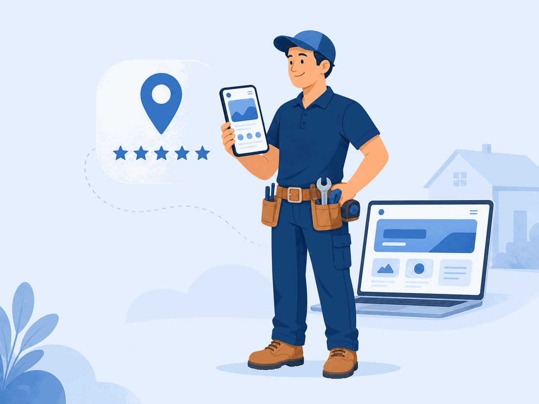 Handwerker mit Smartphone, das seine Website mit Standort-Pin und Fünf-Sterne-Bewertungen zeigt