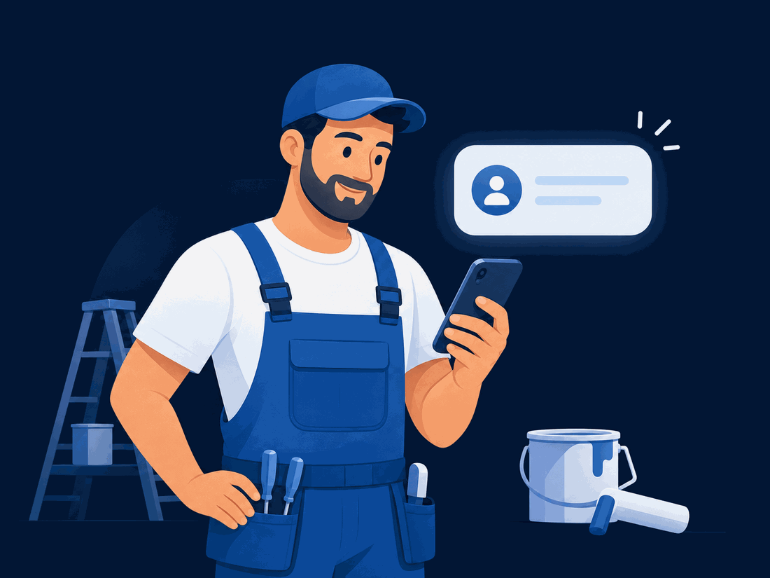 Handwerker schaut auf sein Smartphone – eine neue Kundenanfrage geht ein